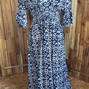 Agnes Orinda 1XL-Women’s Navy and White Smocked Waist Maxi Dress